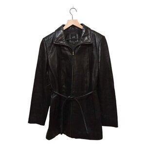 Jlc NY Outwear Collared Waist Tie Zip Front Long Genuine Leather Jacket Sz M